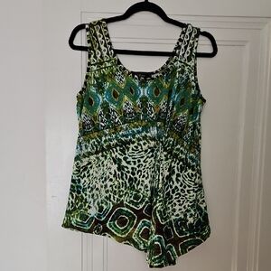 Green, White, & Brown Animal Patterned Sleeveless Blouse, Sz PL